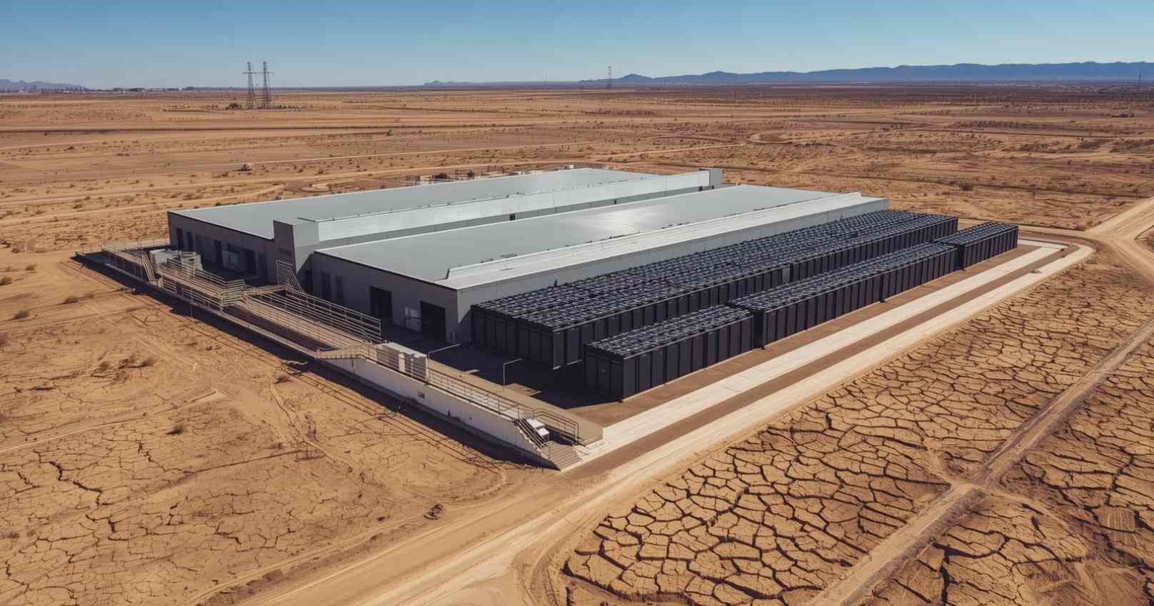Aerial view of a large data center facility surrounded by cooling infrastructure